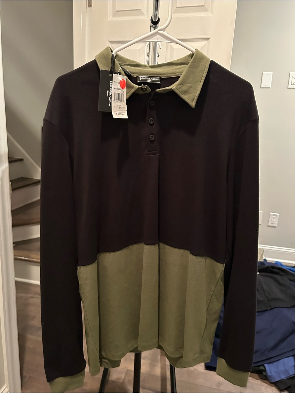 Saks Fifth Avenue Black and Olive Green Two-Tone Rugby Crewneck Made in Italy
